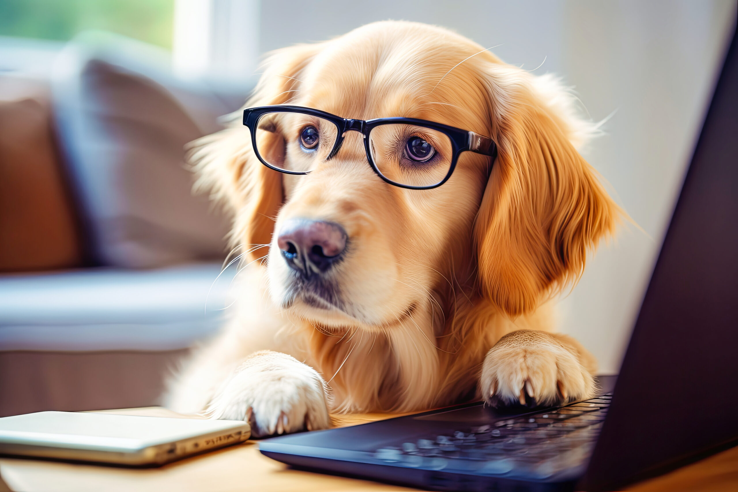 Dog with glasses using laptop