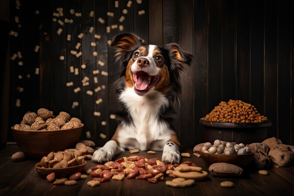 A happy dog with different types of food in front of him.
