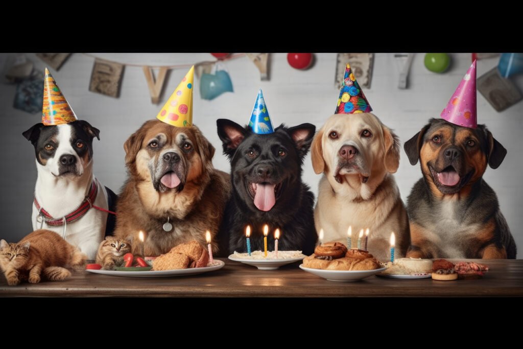 five happy dog wearing birthday cap is example of dog's way of communication.