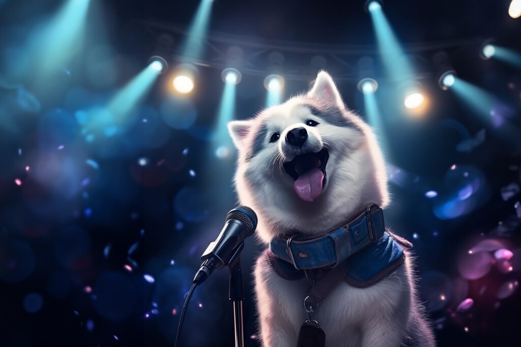 a dog with mic on stage