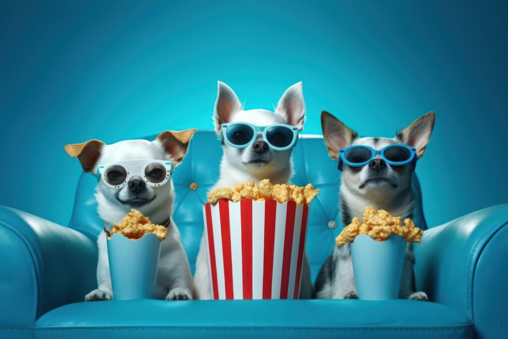 three white dogs sitting on blue sofa with popcorn tub in front of each.