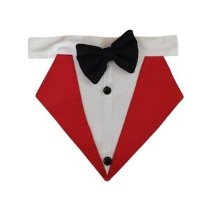 PetFunda Formal Pet Tuxedo Bandana with Bow Tie, Red and White Colour with Decorative Buttons | Tuxedo Bandana for Dogs and Cats for All Occassions